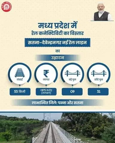 सतना–देवेन्द्रनगर नई रेल लाइन पन्ना जिले के आदिवासी क्षेत्रों में रेल संपर्क को मजबूत करेगी और क्षेत्र में यात्री एवं माल परिवहन को अधिक सुगम बनाएगी।
#railinfra4madhyapradesh
