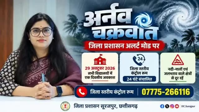 अर्नव चक्रवात के मद्देनज़र जिला प्रशासन अलर्ट मोड पर। 29 अक्टूबर 2026 को जिले के सभी शासकीय एवं अशासकीय विद्यालयों में अवकाश घोषित। आपात स्थिति में जिला स्तरीय कंट्रोल रूम 📞 07775-266116 पर संपर्क करें।
- श्रीमती रेना जमील
📍कलेक्टर, सूरजपुर
#ArnavCyclone #Surajpur #DistrictAdministration #WeatherAlert #जनहित_में_जारी
@chhattisgarhcmo @dpr.chhattisgarh @ndrfindia @rena_jamil_ias