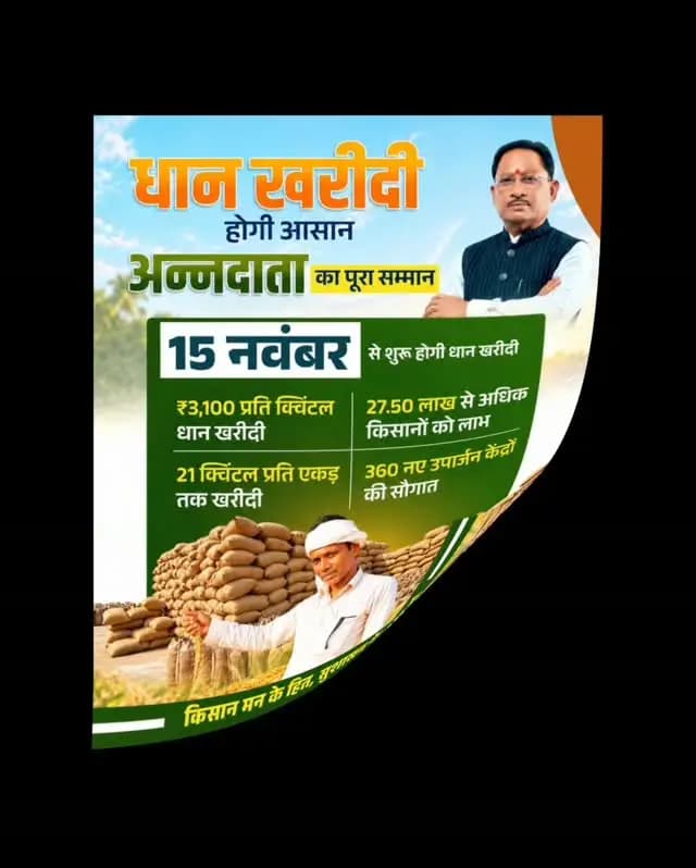 अन्नदाताओं का सम्मान, किसानों के हितों के लिए सुशासन का संकल्प! 🌾
छत्तीसगढ़ में 15 नवंबर से धान खरीदी प्रारंभ होगी। सुशासन सरकार किसानों से ₹3,100 प्रति क्विंटल की दर से प्रति एकड़ अधिकतम 21 क्विंटल धान की खरीदी सुनिश्चित करेगी।
किसानों की सुविधा के लिए 360 नए उपार्जन केंद्र शुरू किए जा रहे हैं। साथ ही, पिछले वर्ष पंजीकृत एग्रीस्टैक आईडी वाले किसानों को दोबारा पंजीयन से छूट देने का निर्णय लिया गया है।
सुशासन सरकार का संकल्प है कि अन्नदाताओं को उनकी मेहनत का उचित मूल्य मिले, हुई धान खरीदी की प्रक्रिया सुगम हो और किसानों की समृद्धि का मार्ग निरंतर प्रशस्त हो।
किसान हित सर्वोपरि, सुशासन का संकल्प
#VishnuDeoSai #CMChhattisgarh #Chhattisgarh #DhanKharidi #KisanKalyan Sushasan