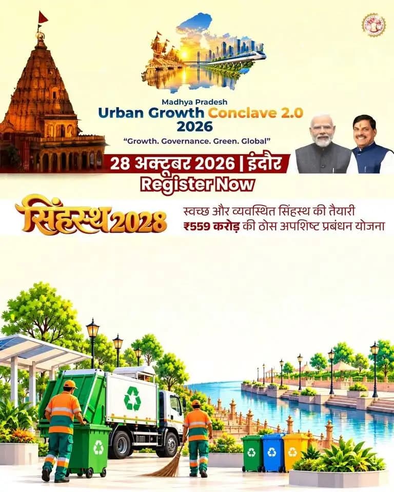 शहरों के विकास को मिलेगा नया विजन, भविष्य की जरूरतों पर होगा मंथन…
मुख्यमंत्री डॉ. मोहन यादव के मुख्य आतिथ्य में “Madhya Pradesh Urban Growth Conclave 2.0” का आयोजन
🗓️28 अक्टूबर, 2026
📍इंदौर
🔗 पंजीयन एवं अधिक जानकारी के लिए विजिट करें: ugconclave.mp.gov.in
Dr Mohan Yadav Department of Urban Development & Housing MP
#CMMadhyaPradesh #MPUrbanGrowthConclave2026 #UrbanDevelopment #investInMentalHealth
#khargone