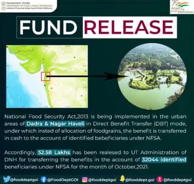 Fund Released to UT Administration of Dadra & Nagar Haveli.
#DFPD #NFSA #funds #food #DBT