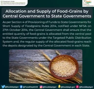 Allocation and Supply of Food-Grains by Central Govt. to State Governments.
#DFPD #NFSA #food #funds #Centralgovt