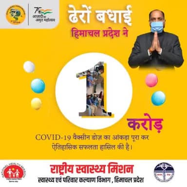 ढेरों बधाई हिमाचल प्रदेश ने १ करोड़ कोविड -१९ वैक्सीन डोज़ का आंकड़ा पूरा कर ऐतिहासिक सफलता हासिल की है |
#LargestVaccineDrive #Unite2FightCorona