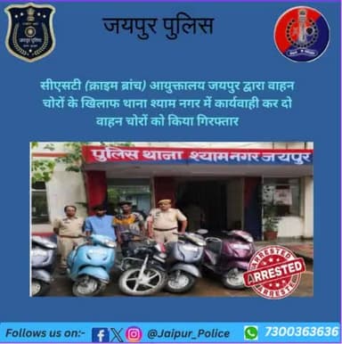 सी.एस.टी. (क्राइम ब्रांच) आयुक्तालय जयपुर द्वारा वाहन चोरों के खिलाफ थाना श्याम नगर में कार्रवाई करते हुए दो वाहन चोरों को गिरफ्तार किया गया। पुलिस ने आरोपितों के कब्जे से सात दुपहिया वाहन बरामद किए।
#JaipurPolice #Theft #Arrested #Vehicle