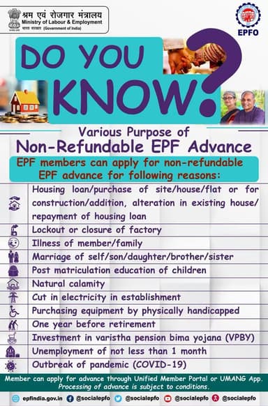 #EPF #Members can apply for Non-refundable EPF Advance through Unified Member Portal or #UMANG App, to avail benefits