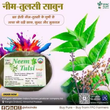 नीम और तुलसी अर्क के औषधीय गुण अब साबुन में🧼
हस्तनिर्मित 'chemical free' नीम-तुलसी साबुन से त्वचा को साफ़, मुलायम और सुन्दर बनायें🛀