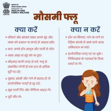 📌मौसमी बुखार के संक्रमण को नियंत्रित करने और इससे जुड़ीं स्वास्थ्य समस्याओं से बचने के लिए कुछ नियमों का पालन करें और सावधानी बरतें।
#SwasthaBharat
#SeasonalFlu