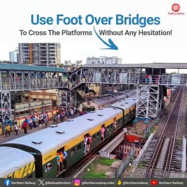 Use foot over bridges to cross platforms.
#SmartRailYatri don't walk on railway tracks because doing so is a offense.