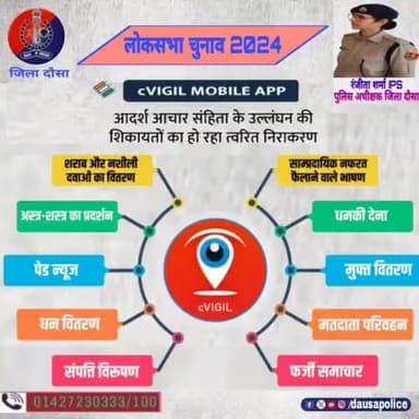 #लोकसभा_चुनाव 2024 में किसी भी तरह की #आचार_संहिता उल्लघंन की सूचना #CVIGIL APP के माध्यम से देवें।
#LokSabhaElection2024
#dausapolice