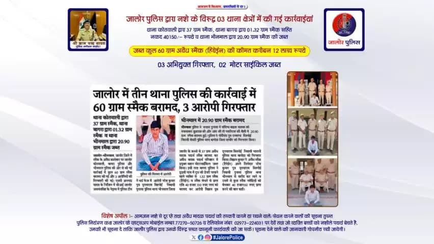 #जालोर_पुलिस द्वारा नशे के विरूद्व 03 थाना क्षेत्रों में की गई #कार्रवाईयां :- 03 अभियुक्त #गिरफ्तार, 02 मोटर साईकिल #जब्त, #जब्त कुल 60 ग्राम अवैध #स्मैक (हिरोईन) की #कीमत करीबन 12 लाख रुपए...