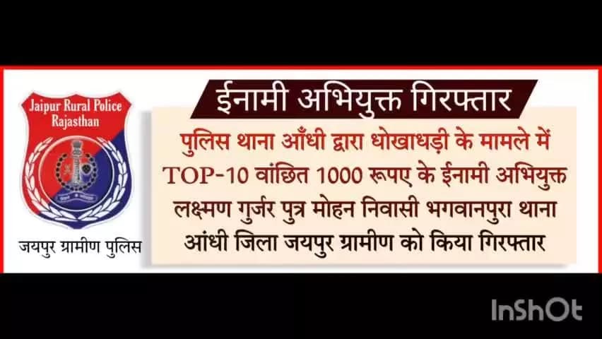पुलिस थाना #आँधी ने धोखाधड़ी के मामले में ईनामी अभियुक्त लक्ष्मण गुर्जर निवासी भगवानपुरा थाना आंधी को किया गिरफ्तार।