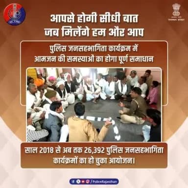 जनता से सीधा संपर्क करने का सबसे प्रभावी माध्यम है #पुलिस_जनसहभागिता_कार्यक्रम।
थाना स्तर पर सूचना देकर निवासरत आमजन को किया जाता है आमंत्रित। #SHO के नेतृत्व में होता है कार्यक्रम।
