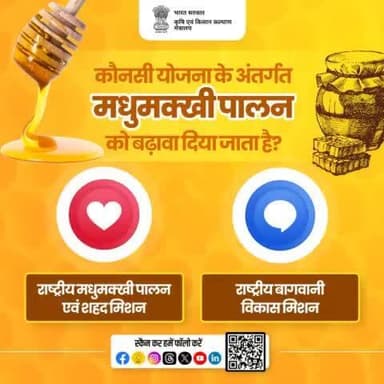 कौन-सी योजना के अंतर्गत मधुमक्खी पालन को बढ़ावा दिया जाता है?
कृपया रियेक्ट कर अपना ज़वाब दें।
#agrigoi #agriquiz #QuizOfTheDay #beekeeping #BeeEngaged #honeybees