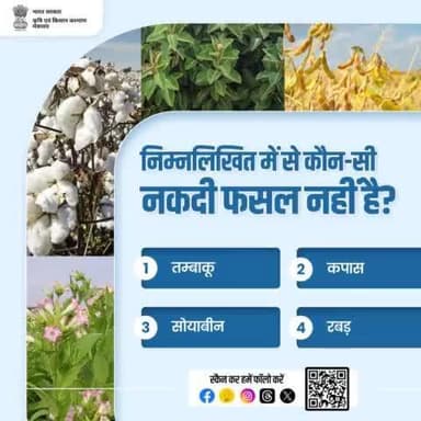 कृषि क्विज़ में हिस्सा लें व परखें अपना ज्ञान!
.
निम्नलिखित में से कौन-सी एक नकदी फसल नहीं है?
कृपया अपना जवाब कमेंट बॉक्स में साझा करें।
#AgriGoI #agriquiz #crops #quizoftheday