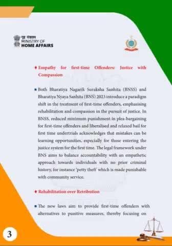 A paradigm shift in justice: Empathy for first-time offenders: #BNSS and #BNS2023 emphasize learning from mistakes, offering community service for petty theft and relaxed bail for undertrials. @pibindia