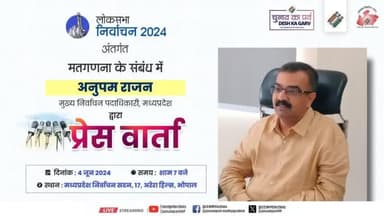 मुख्य निर्वाचन पदाधिकारी, मध्यप्रदेश, अनुपम राजन द्वारा #LokSabhaElections2024 अंतर्गत जारी मतगणना के संबंध में प्रेस वार्ता
🗓️ 4 जून 2024
🕖 शाम 7 बजे