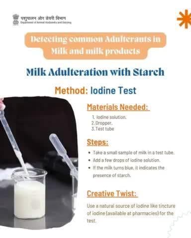 Check for starch in milk with an iodine test!
A blue color means starch is present. Try using a tincture of iodine for a natural twist!
#FoodSafety #MilkTesting #DIYScience #PureMilk #worldFoodSafetyday