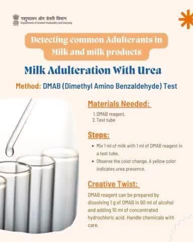 Test for urea in milk with the DMAB test!
Mix 1 ml of milk with 1 ml of DMAB reagent. A yellow color means urea is present.
#FoodSafety #MilkTesting #DIYScience #PureMilk