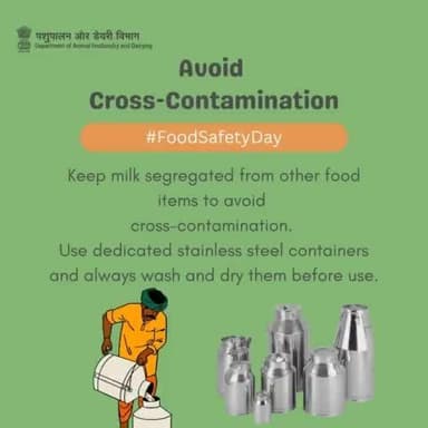Keep Milk Safe: Separate and Clean!
Use stainless steel containers, washed before use, to avoid cross-contamination with other foods.
#Worldfoodsafetyday #FreshnessFirst #FarmToProcessing