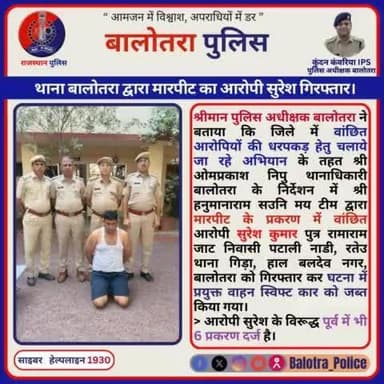 #Balotra: थाना बालोतरा द्वारा मारपीट का आरोपी सुरेश गिरफ्तार।
घटना में प्रयुक्त वाहन स्विफ्ट कार जब्त।
#WellDoneCops #BalotraPolice #News #Polic