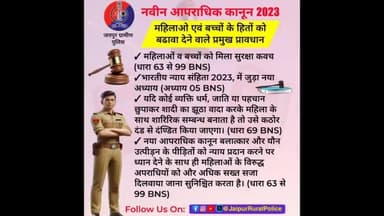 नवीन आपराधिक कानून 2023
महिलाओ एवं बच्चों के हितों को बढावा देने वाले प्रमुख प्रावधान। #AzaadBharatKeKanoon