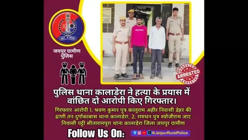 पुलिस थाना #कालाडेरा ने हत्या_के_प्रयास में वांछित दो आरोपी किए गिरफ्तार।