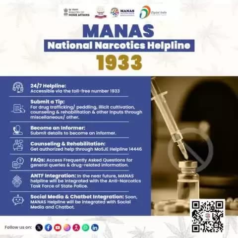 Know about the features of *MANAS* ? Our 24x7 Toll-Free No- 1933.
#DrugsFreeBharat