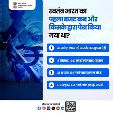 स्वतंत्र भारत का पहला बजट कब और किसके द्वारा पेश किया गया था?
.
कृपया अपना जवाब कमेंट बॉक्स में साझा करें।
#agrigoi #UnionBudget #QuizOfTheDay