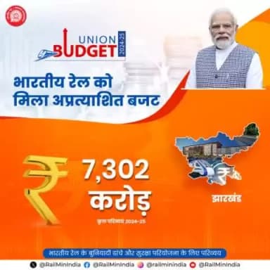 आम बजट 2024-25 में झारखंड को रेल इन्फ्रास्ट्रक्चर के विकास के लिए रिकॉर्ड 7,302 करोड़ रुपये आवंटित हुए हैं।
#RecordBudget4Rail