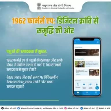 ‘1962 फार्मर्स ऍप’ में पशुओं की देखभाल और पोषण से संबंधित सलाह दी जाती है, जिससे उनकी उत्पादकता में सुधार होता है । साथ ही बेहतर आहार और सही समय पर चिकित्सकीय देखभाल से पशु स्वस्थ रहते हैं और उनका उत्पादन बढ़ता है।
#LivestockManagement