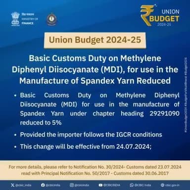 BCD on MDI, for use in manufacture of Spandex yarn reduced
#UnionBudget2024 #BudgetForViksitBharat #Budget2024
