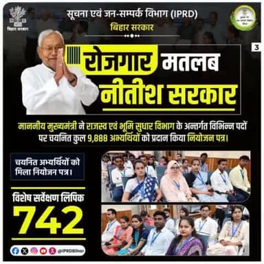 माननीय मुख्यमंत्री Nitish Kumar ने राजस्व एवं भूमि सुधार विभाग के अन्तर्गत विभिन्न पदों पर चयनित कुल 9,888 अभ्यर्थियों को प्रदान किया नियोजन पत्र ।
#रोजगार_मतलब_नीतीश_सरकार
#RojgarMatlabNitishSarkar
