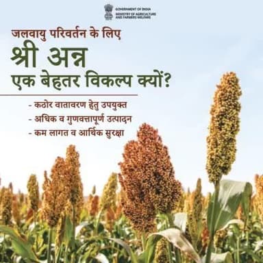 श्री अन्न की खेती जलवायु परिवर्तन के लिए एक बेहतर विकल्प है, क्योंकि इसकी खेती कठोर वातावरण के लिए उपयुक्त है और किसानों को आर्थिक सुरक्षा प्रदान करती है।
#IYM2023 #ShreeAnna #sustainable
#agriculture #millets