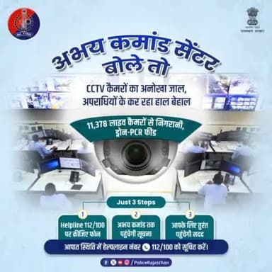 चप्पे-चप्पे पर टिकी है #अभय_कमांड_सेंटर की पैनी नजर।
#CCTV से प्रदेश के कोने-कोने की हो रही है मॉनिटरिंग, अपराध पर कसी जा रही है लगाम।
आमजन की सुरक्षा के लिए कटिबद्ध है #राजस्थान_पुलिस।