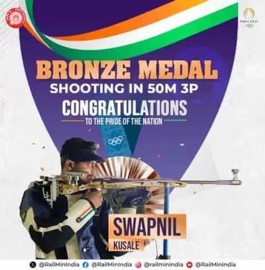 Legacy Prevails!🥉Indian Railways congratulates Swapnil Kusale for bagging the bronze medal in 50m 3P Shooting Event at Olympics @Paris2024.He is a proud member of the Railway family. #Cheer4Bharat #Paris2024 @railminindia