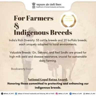 Honoring our farmers and India's indigenous breeds! With 53 cattle and 20 buffalo breeds like #Gir, #Sahiwal, and Red Sindhi, they are the backbone of #sustainable dairy farming. #Nationalgopalratnaaward