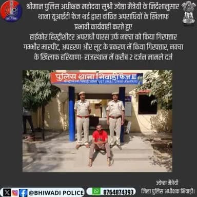 श्रीमान पुलिस अधीक्षक महोदया सुश्री ज्येष्ठा मैत्रेयी के निर्देशानुसार थाना UIT द्वारा हरियाणा- राजस्थान में करीब 2 दर्जन से अधिक गम्भीर मारपीट, अपहरण और लूट के प्रकरण वांछित
हाईकोर हिस्ट्रीशीटर अपराधी पारस उर्फ नक्चा को किया गिरफ्तार