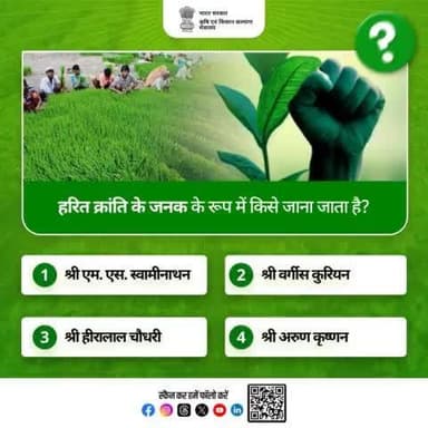कृषि क्विज़ में हिस्सा लें व परखें अपना ज्ञान!
हरित क्रांति के जनक के रूप में किसे जाना जाता है? कृपया अपना जवाब कमेंट बॉक्स में साझा करें।
#agrigoi #agriquiz #GreenRevolution