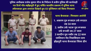 गत दिनों गाँव #झैंझपुरी में हुए चर्चित फायरिंग प्रकरण में थाना #कैथवाडा द्वारा तत्परता दिखाते हुए 03 आरोपी किए गिरफ्तार