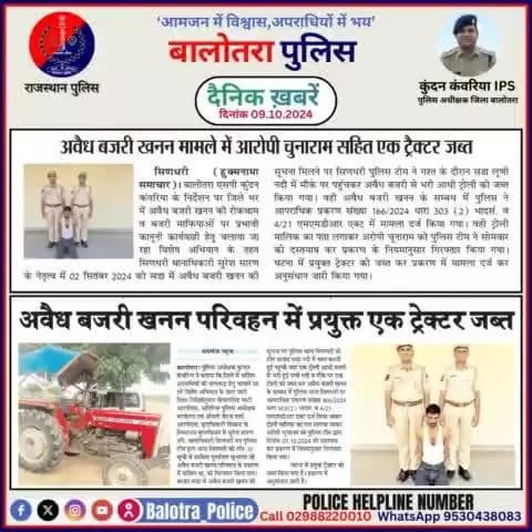 #Balotra: दैनिक खबरें -IV
09.10.2024
#WellDoneCops #BalotraPolice #RajasthanPolice #Arrest #FIR #Accused #Accusedarrest #GoodJob #BalotraNews