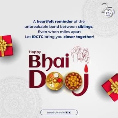 Wishing you a joyous Bhai Dooj! May this special day strengthen the bond between brothers and sisters.
#HappyBhaiDooj #BhaiDooj #IRCTC