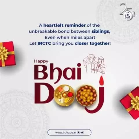 Wishing you a joyous Bhai Dooj! May this special day strengthen the bond between brothers and sisters.
#HappyBhaiDooj #BhaiDooj #IRCTC