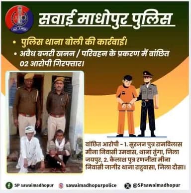 #पुलिस थाना बोली की कार्यवाही अवैध बजरी खनन/परिवहन के प्रकरण में वांछित 02 आरोपी गिरफ्तार।