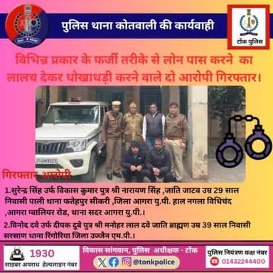 विभिन्न प्रकार के फर्जी तरीके से लोन पास करने का लालच देकर धोखाधड़ी करने वाले दो आरोपी गिरफ्तार।