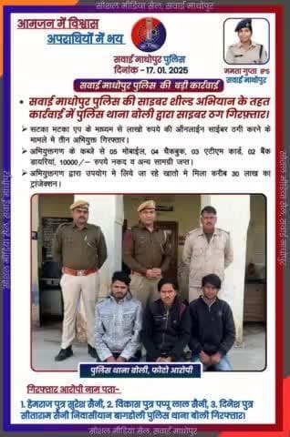 #सवाईमाधोपुरपुलिस
सटका मटका #ऐप के माध्यम से लाखों की साइबर ठगी करने वाले तीन आरोपी पुलिस थाना बोली द्वारा गिरफ्तार।
#साइबरशील्डअभियान के तहत सवाई माधोपुर पुलिस की साइबर ठगों के खिलाफ लगातार जारी है कार्रवाई।