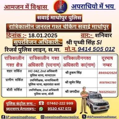 #सवाईमाधोपुरपुलिस क्षेत्र में निम्नांकित अधिकारियों की आज रात्रिकालीन गश्त ।
11 PM से 5 AM तक रहेगी।
रात्रि मे किसी प्रकार की सहायता के लिए निम्नांकित अधिकारियो से संपर्क कर सकते हैं।
#sawaimadhopurpolice आपकी सुरक्षा में हमेशा तत्पर है।