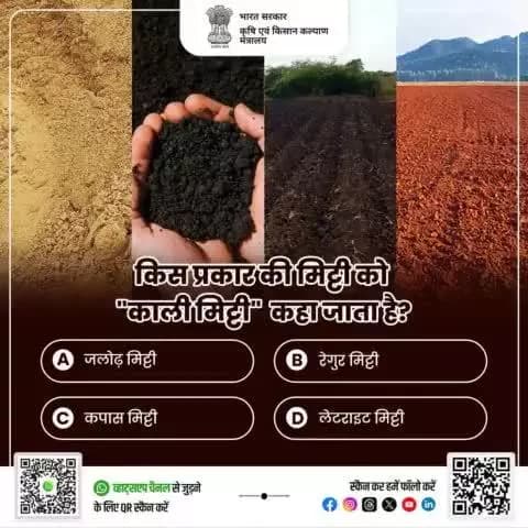 कृषि क्विज में हिस्सा लें व परखें अपना ज्ञान! 🌾
किस प्रकार की मिट्टी को "काली मिट्टी" कहा जाता है? कृपया अपना जवाब कमेंट में साझा करें।
#agrigoi #KrishiQuiz #QuizTime #Agriculture