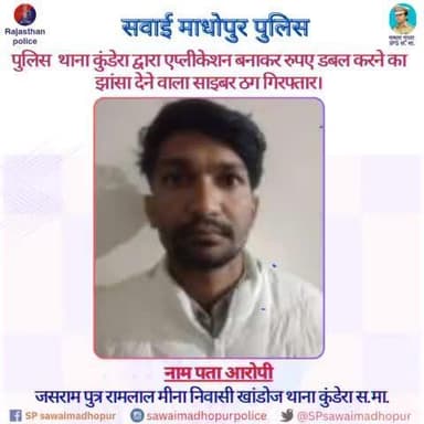 #sawaimadhopurpolice #cybercrime पुलिस थाना कुंडेरा द्वारा एप्लीकेशन बनाकर रुपए डबल करने का झांसा देने वाला साइबर ठग गिरफ्तार।