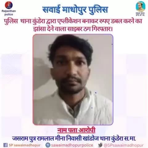 #sawaimadhopurpolice #cybercrime पुलिस थाना कुंडेरा द्वारा एप्लीकेशन बनाकर रुपए डबल करने का झांसा देने वाला साइबर ठग गिरफ्तार।