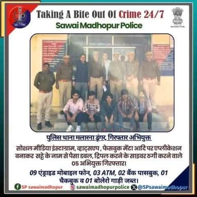 #sawaimadhopurpolice पुलिस थाना मलारना डूंगर द्वारा मोबाइल पर टेलीग्राम व्हाट्सएप,एप्लीकेशन पर चैनल बनाकर रुपए डबल व ट्रिपल करने का झांसा देकर साइबर ठग करने वाले 05 अभियुक्त गिरफ्तार।
#cybercrime